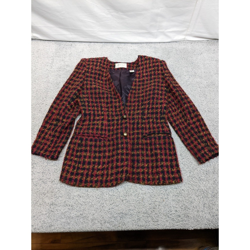 Lord & Taylor Check Blazer Womens Size 8 Wool Mohair Black Gold Red‎